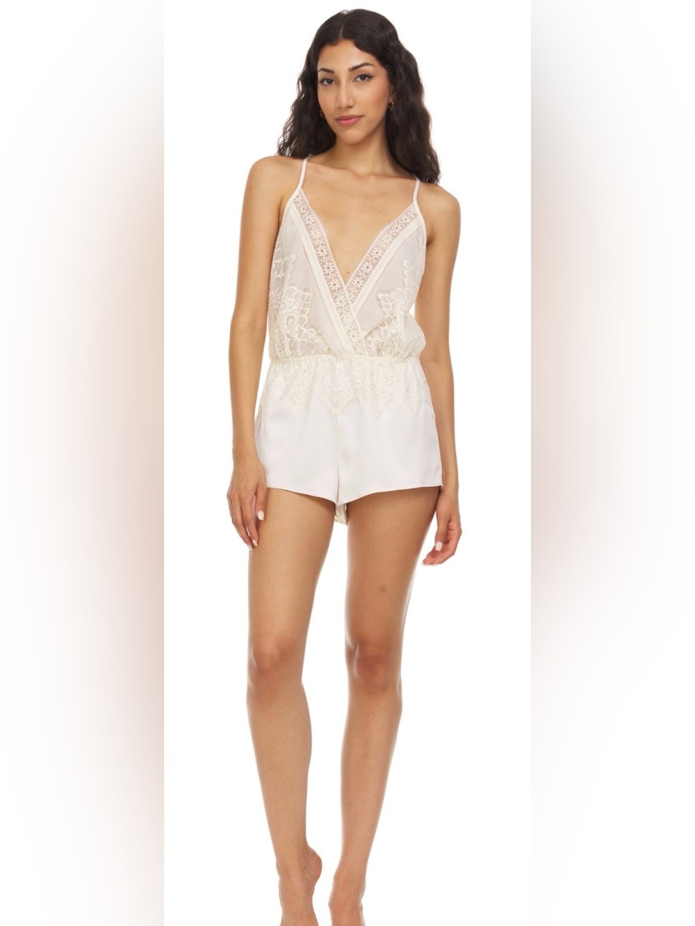 NWT Flora Nikrooz Genevive Charmeuse Lace Romper in Antique Ivory
